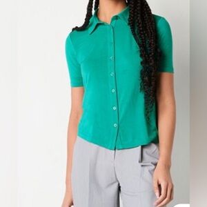 Worthington Blue Short Sleeve Polo Collar Button Down Shirt
